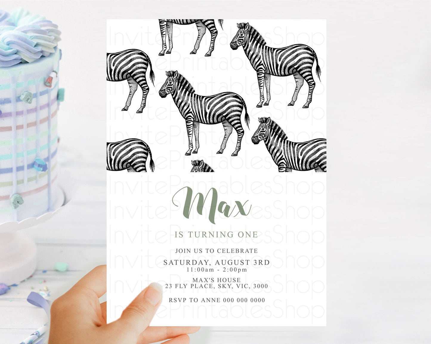 Zebra Birthday Invitation Zebra Invite Jungle Safari invite Watercolor Tropical Palm Invite Adventure Zoo Party Wild Animal Party D10249