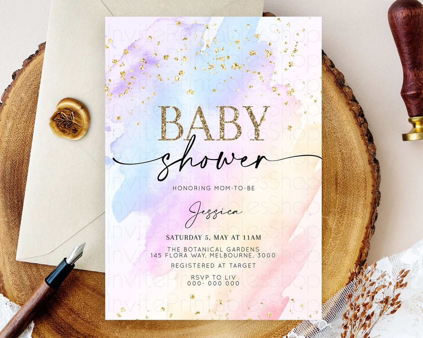 Pastel Baby Shower Invitation Rainbow Baby Shower Invitation Colorful Pastel Watercolor Invitation Gold Glitter Sprinkles Ombre D10635