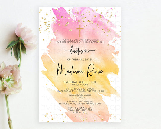 Pastel Baptism Invitation Pastel Colors Watercolor Baptism 1st Birthday Party Gold Ombre Pastel Rainbow Christening Holy Communion D10526