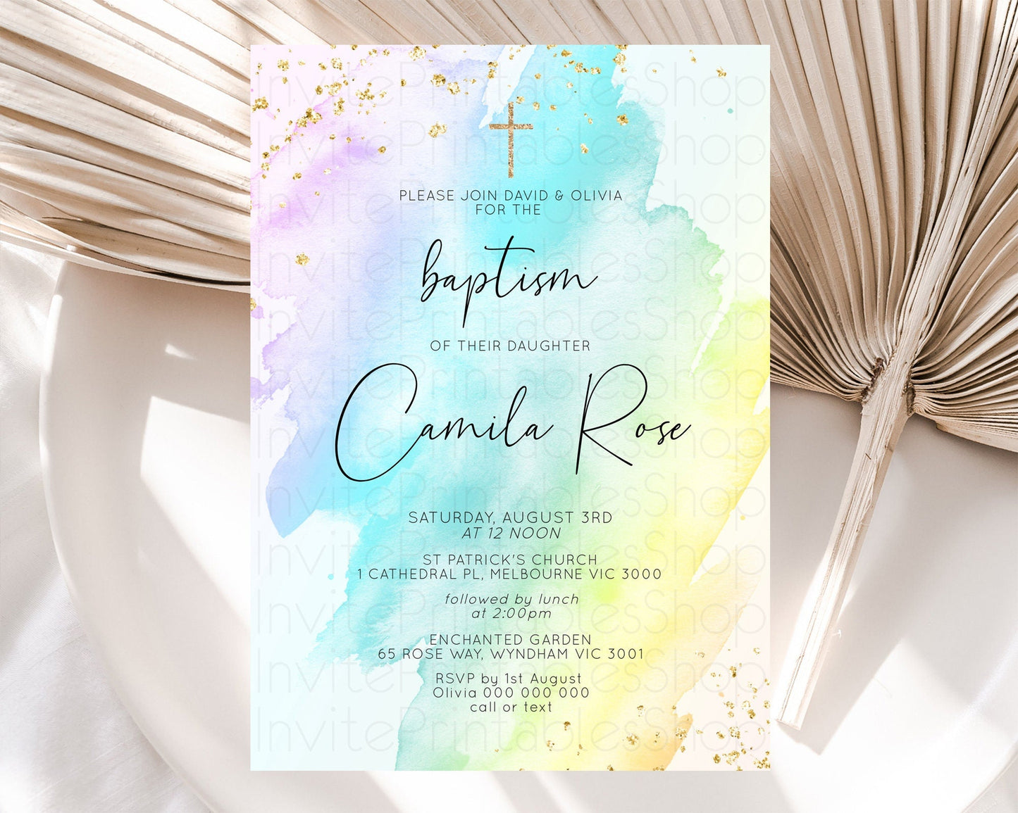 Pastel Baptism Invitation Pastel Colors Watercolor Baptism 1st Birthday Party Gold Ombre Pastel Rainbow Christening Holy Communion D10773
