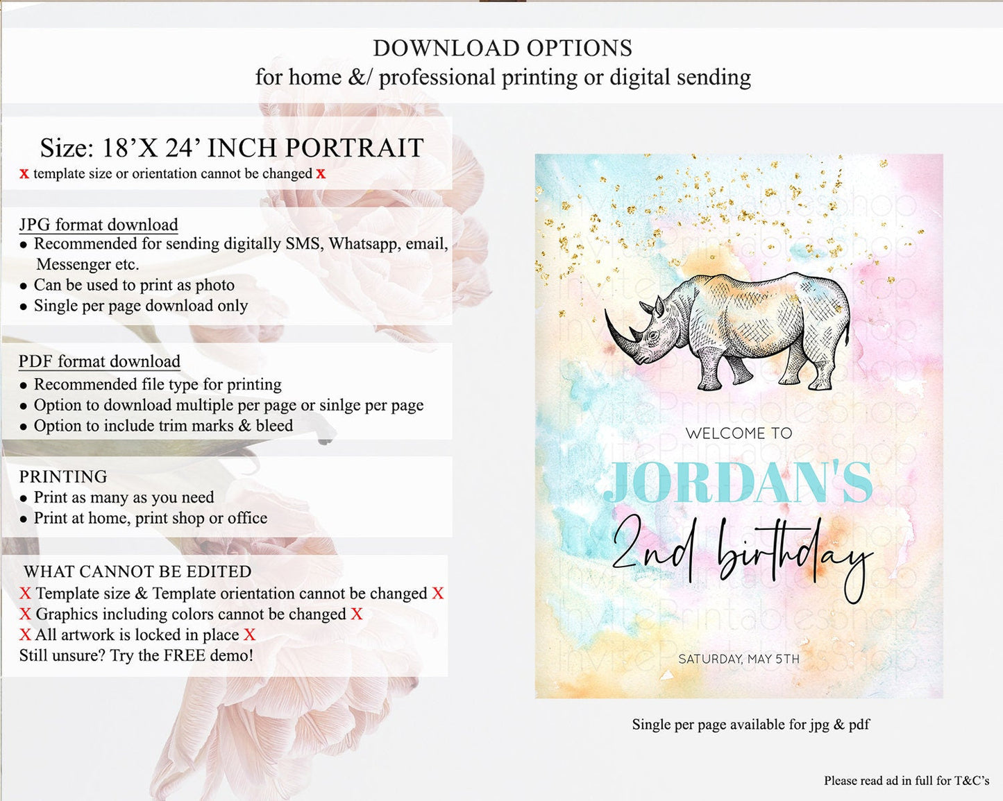 Pastel Rhino Welcome Sign Rainbow Rhino Welcome Board Colorful Rainbow Pastel Confetti Watercolor First Birthday Welcome Sign D10287