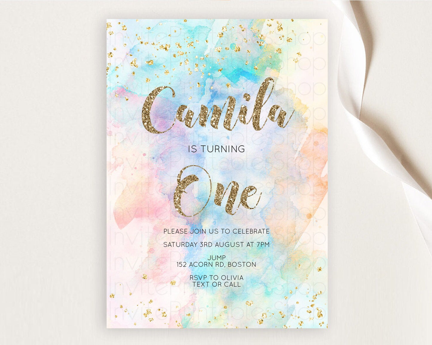 Rainbow Birthday Invitation Colorful Pastel Watercolor Invitation Gold Glitter Sprinkles Ombre Pastel 1st 2nd 3rd Birthday D10261