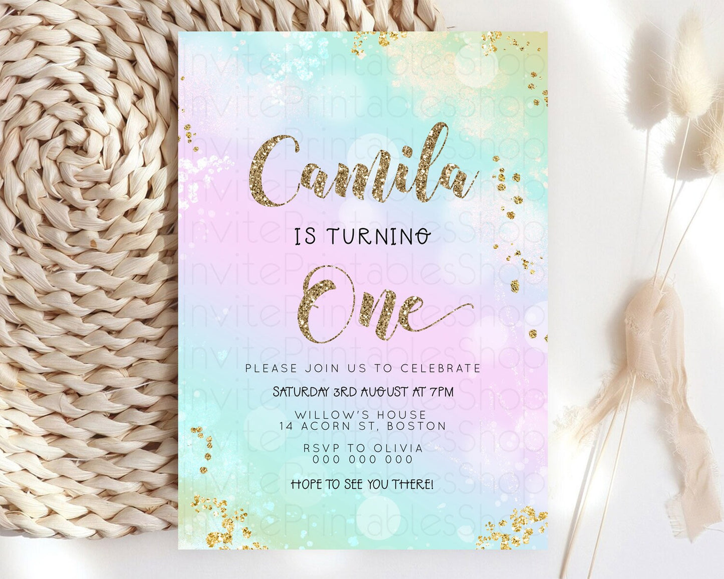 Rainbow Birthday Invitation Colorful Pastel Watercolor Invitation Gold Glitter Sprinkles Ombre Pastel 1st 2nd 3rd Birthday D23126