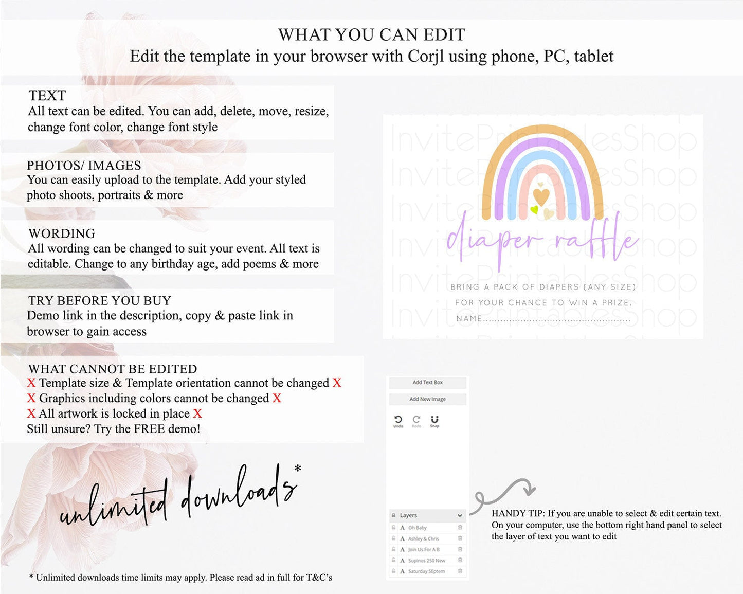 Pastel Rainbow Diaper Raffle Card Boho Rainbow Diaper Insert Boho Rainbow Diaper Ticket Pastel Watercolor Baby Shower Raffle Game D10238