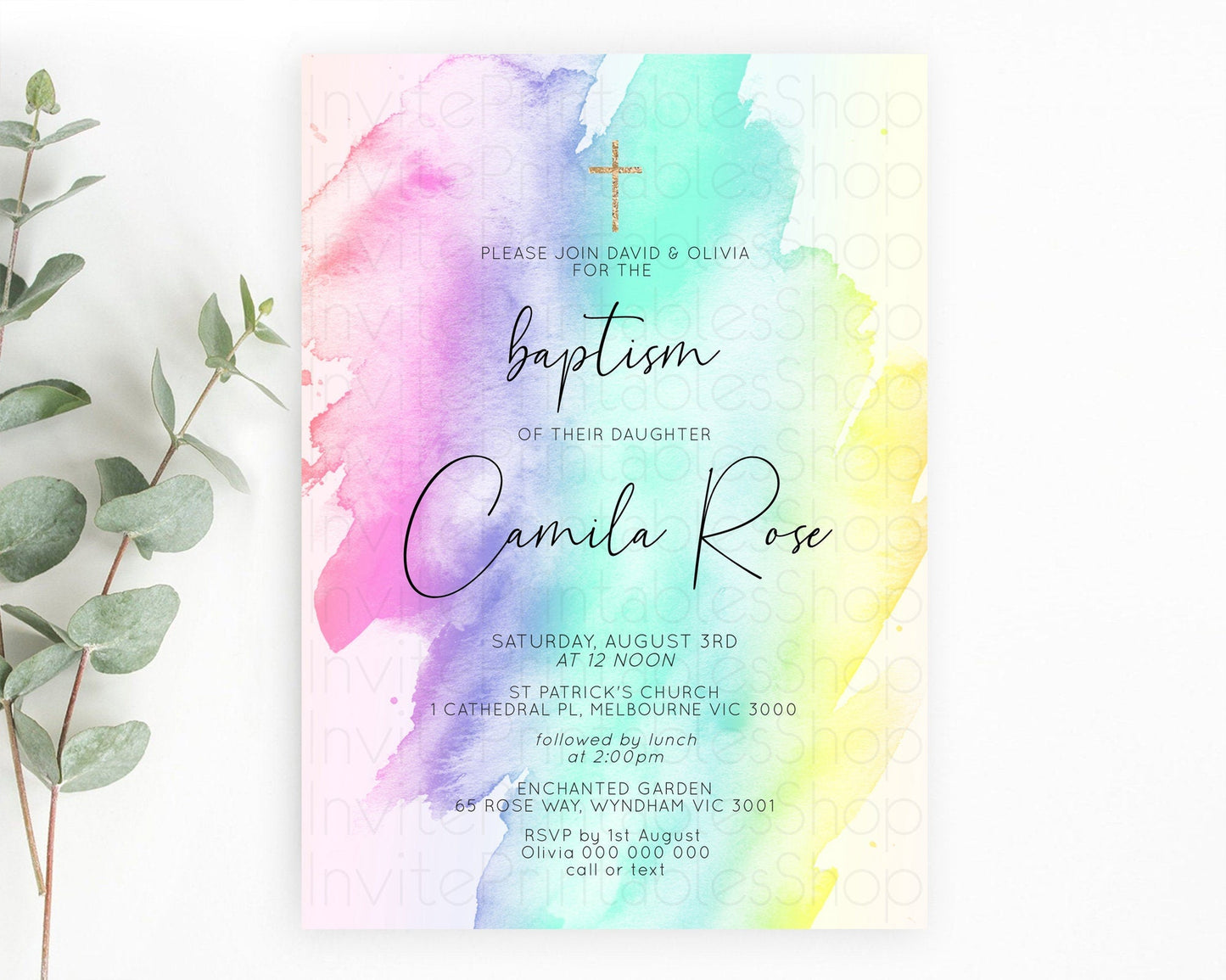 Pastel Baptism Invitation Pastel Colors Watercolor Baptism 1st Birthday Party Gold Ombre Pastel Rainbow Christening Holy Communion D10231