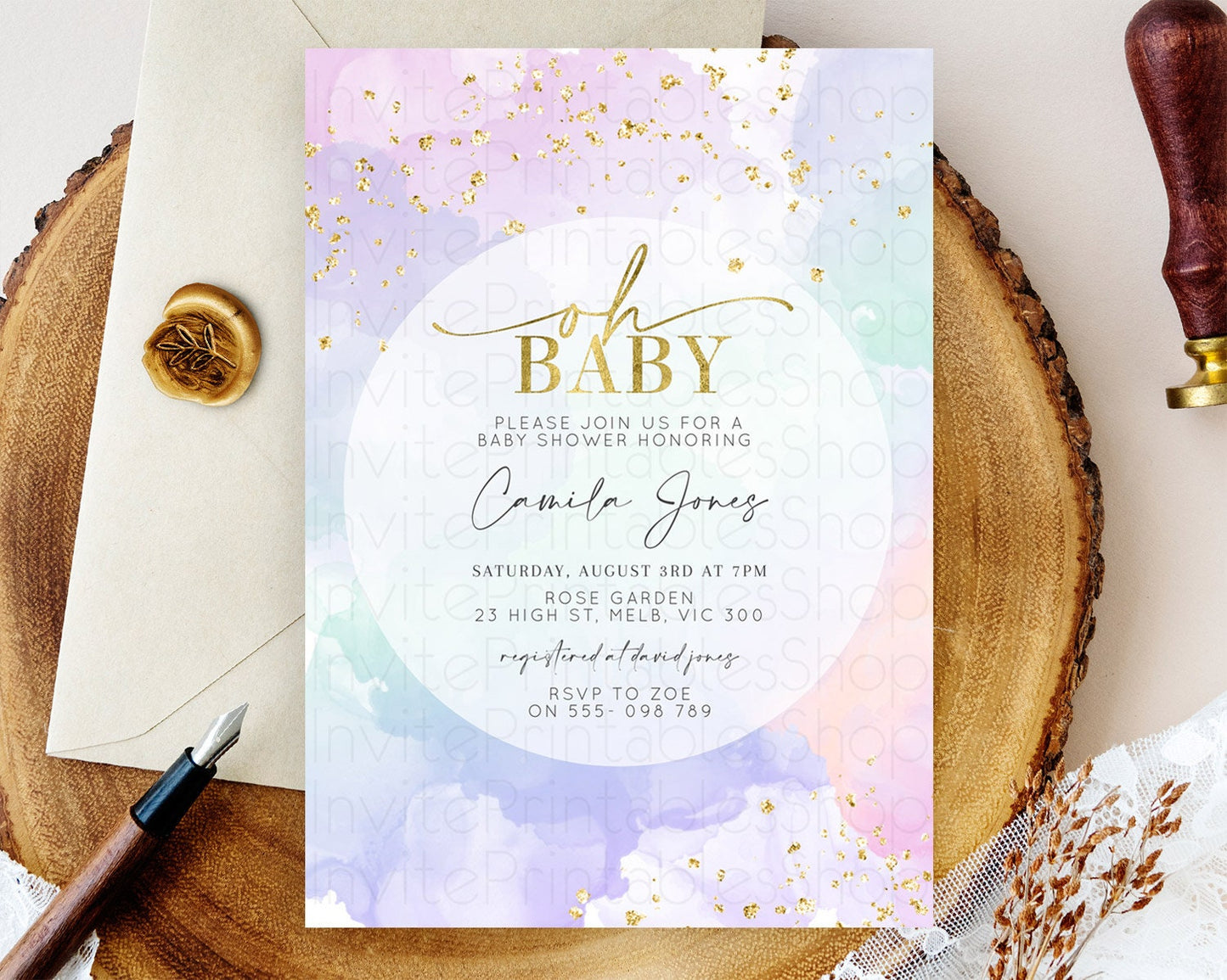 Pastel Rainbow Baby Shower Invitation, Colorful Watercolor with Gold Glitter Sprinkles and Ombre Clouds in Pink, Purple, Soft Green D10624
