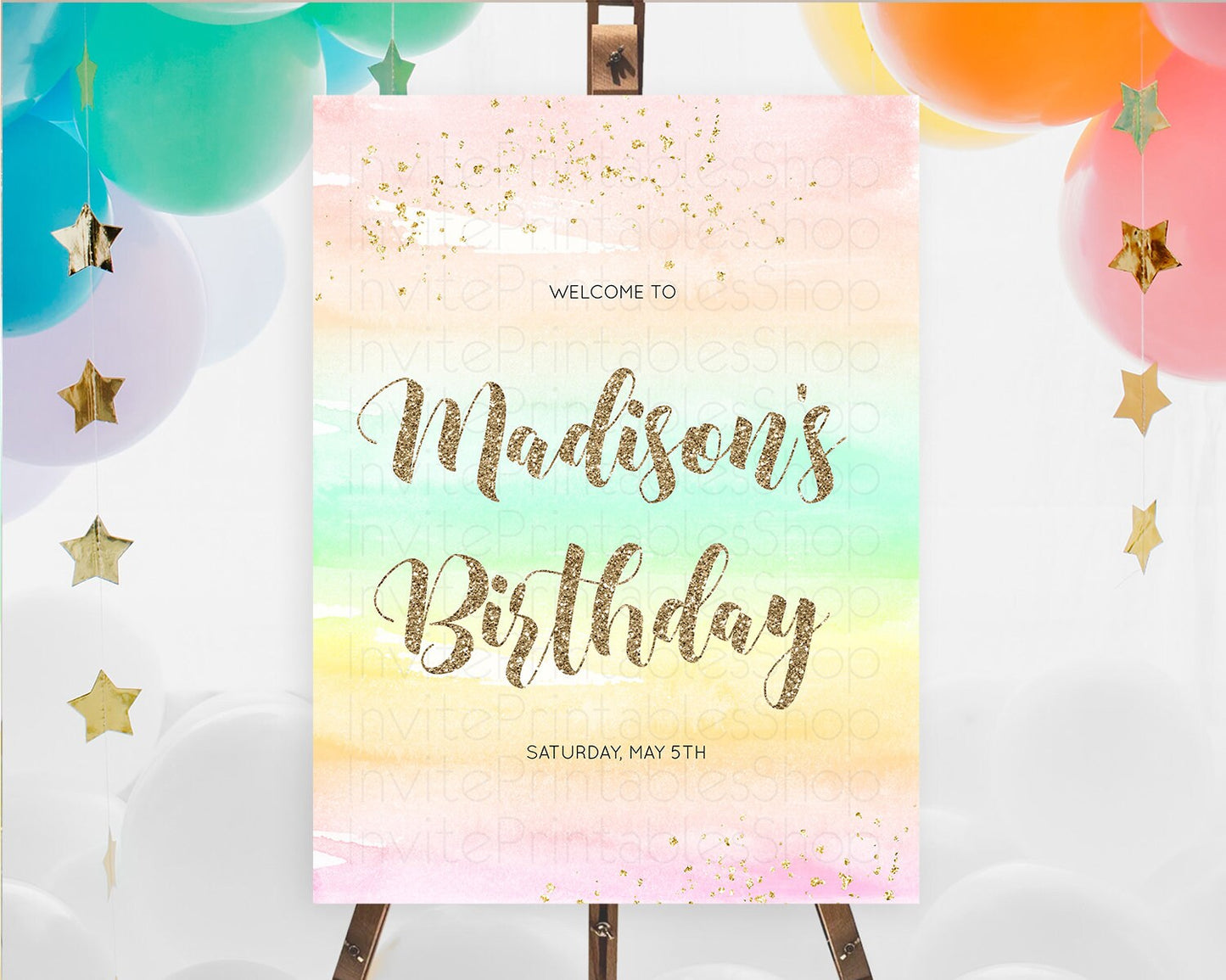 Pastel Welcome Sign Pastel Rainbow Welcome Sign Colorful Rainbow Confetti Watercolor Glitter Pastel First Birthday Welcome Sign D10592