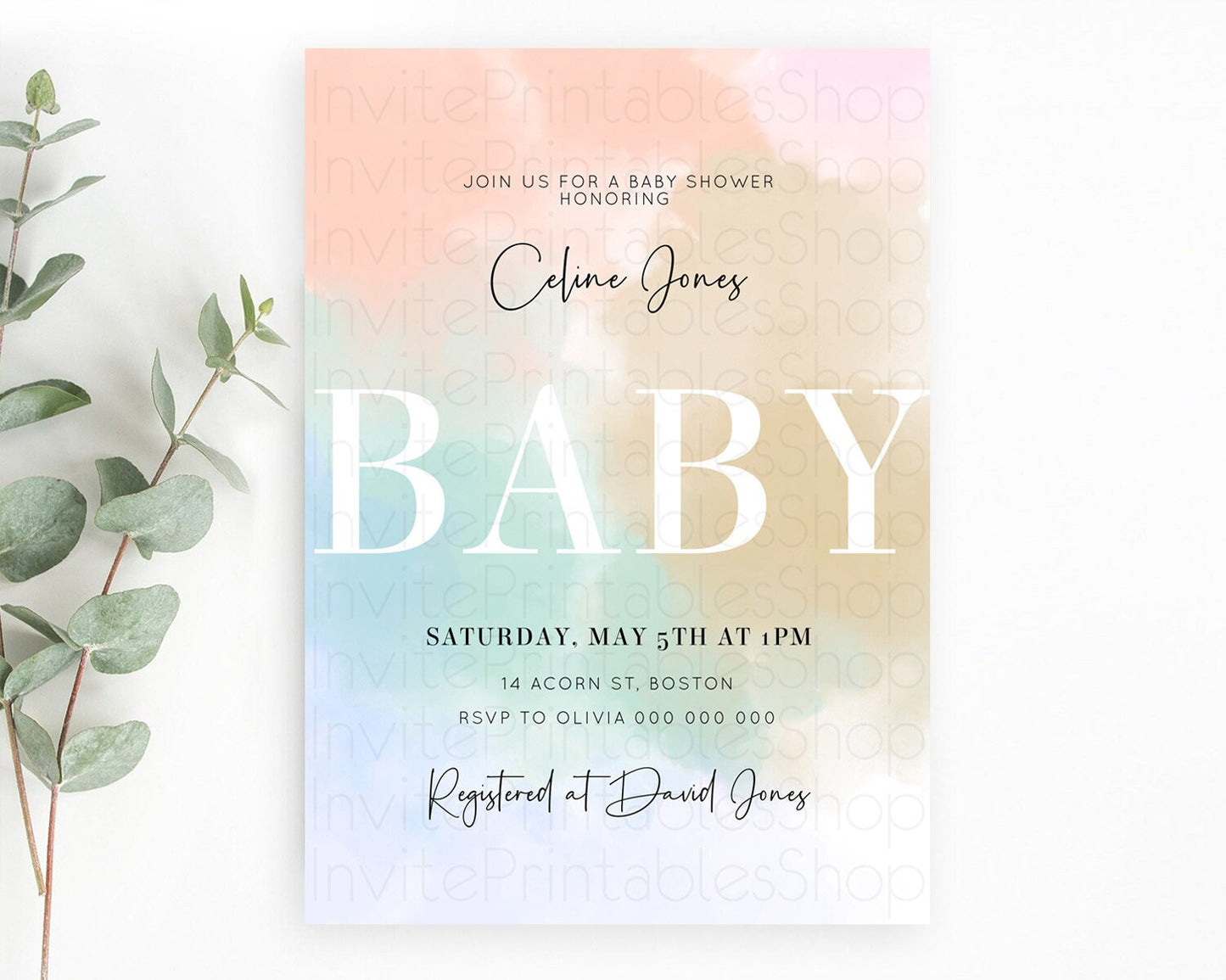 Pastel Baby Shower Invitation Rainbow Baby Shower Invitation Colorful Pastel Watercolor Invitation Gold Glitter Sprinkles Ombre D10370