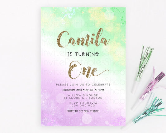 Rainbow Birthday Invitation Colorful Pastel Watercolor Invitation Gold Glitter Sprinkles Ombre Pastel 1st 2nd 3rd Birthday D23121