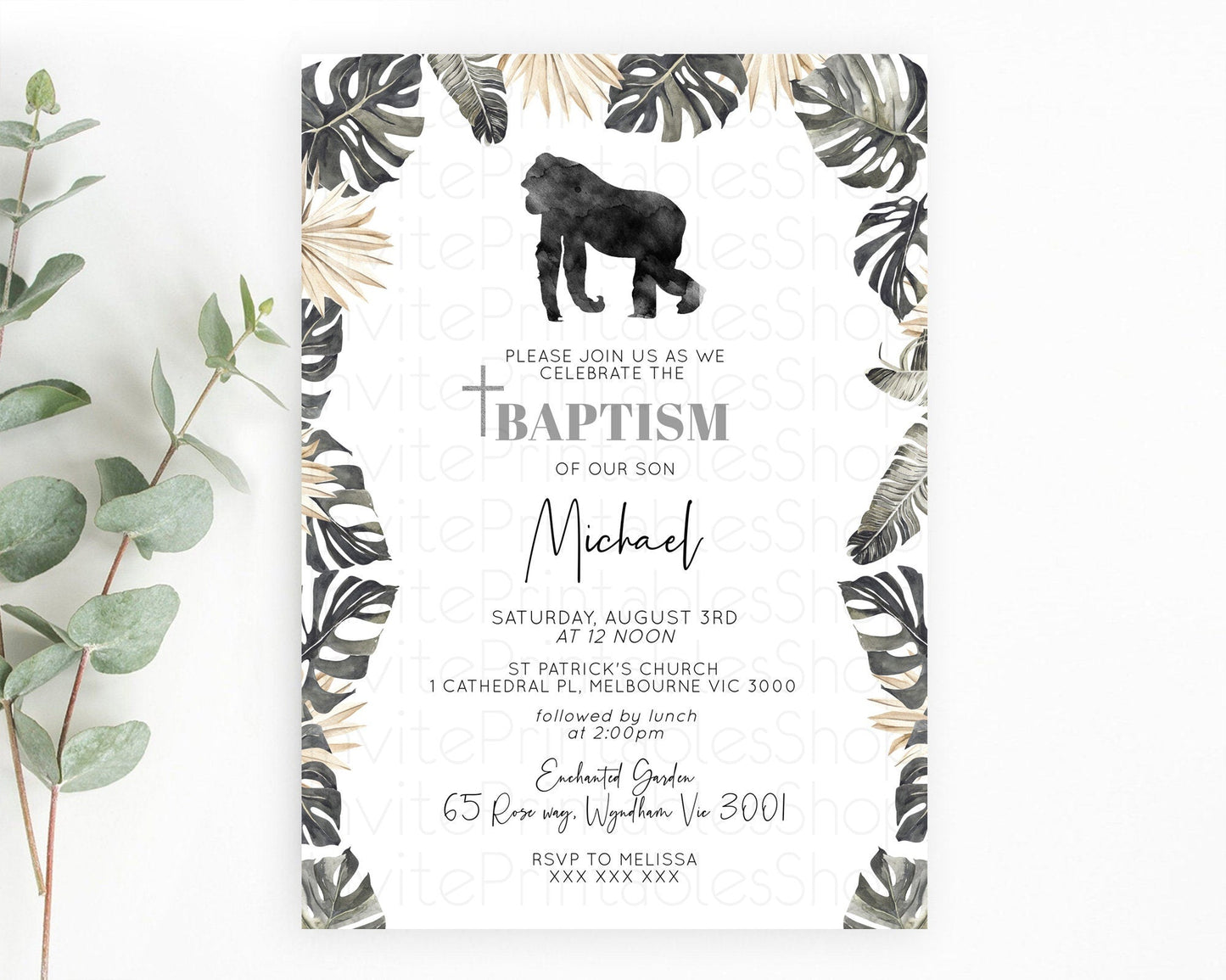 Gorilla Baptism Invitation Gorilla Baptism 1st Birthday Invitation Gorilla Jungle Adventure Christening Invitation Wild Zoo Theme D10804