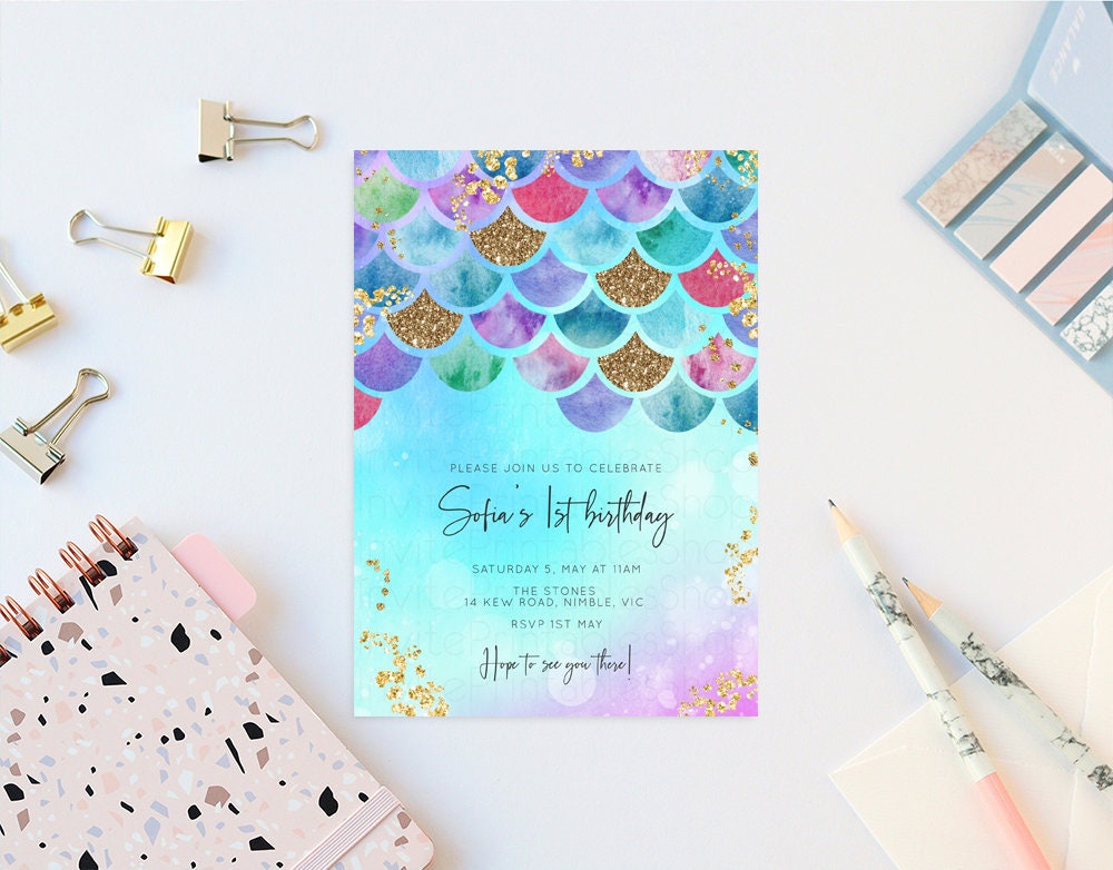 Mermaid Rainbow Birthday Invitation Pastel Birthday Invite Rainbow Invite Colorful Watercolor Invite Glitter Sprinkle Invite Under the Sea