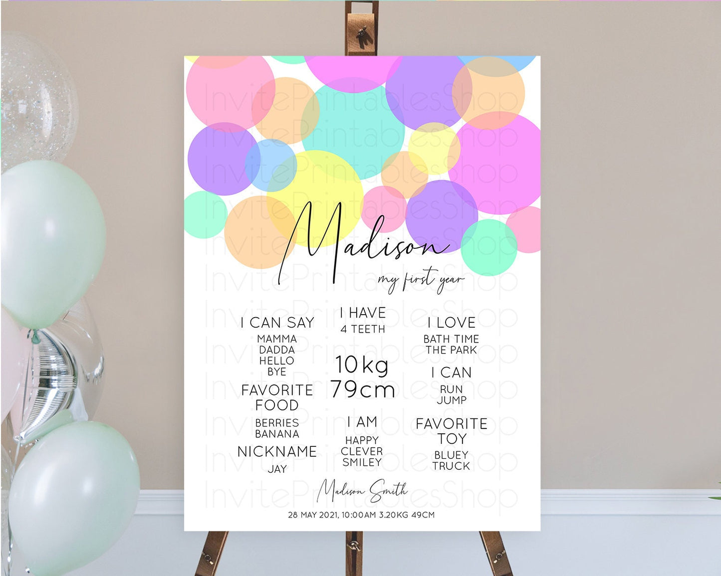 Pastel First Birthday Milestone Poster Pastel Rainbow Confetti First Birthday Milestone Board Colorful Bubbles Birthday Welcome Sign D10888
