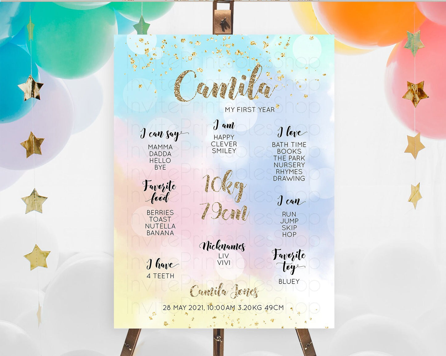 Pastel First Birthday Milestone Board Pastel Rainbow Milestone Poster Colorful Confetti Watercolor Glitter 1st Birthday Welcome Sign D10367