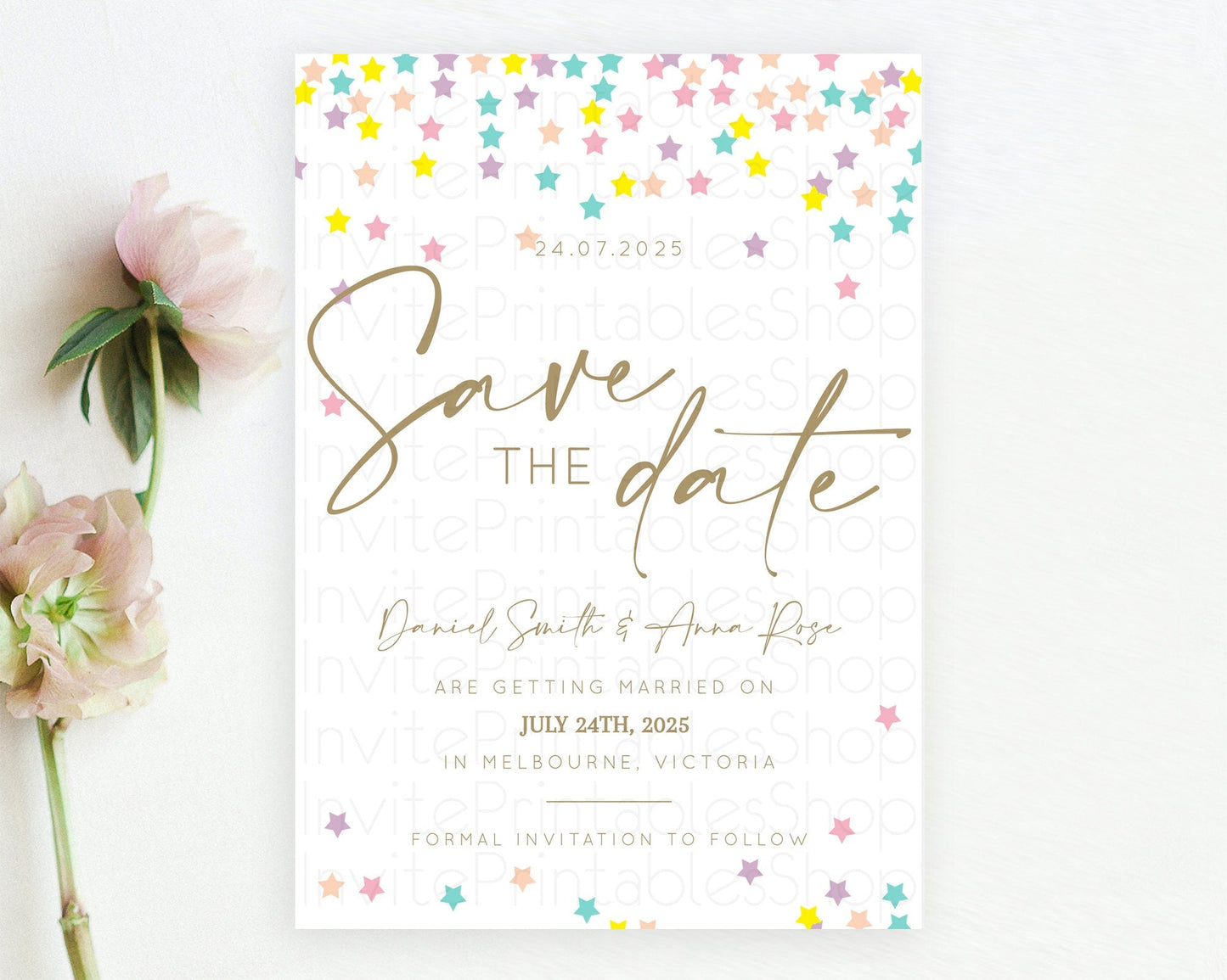 Twinkle Stars Save The Date Template Pastel Twinkle Little Star Party Shooting Star Confetti Sprinkles Birthday Baptism Baby Shower D10601