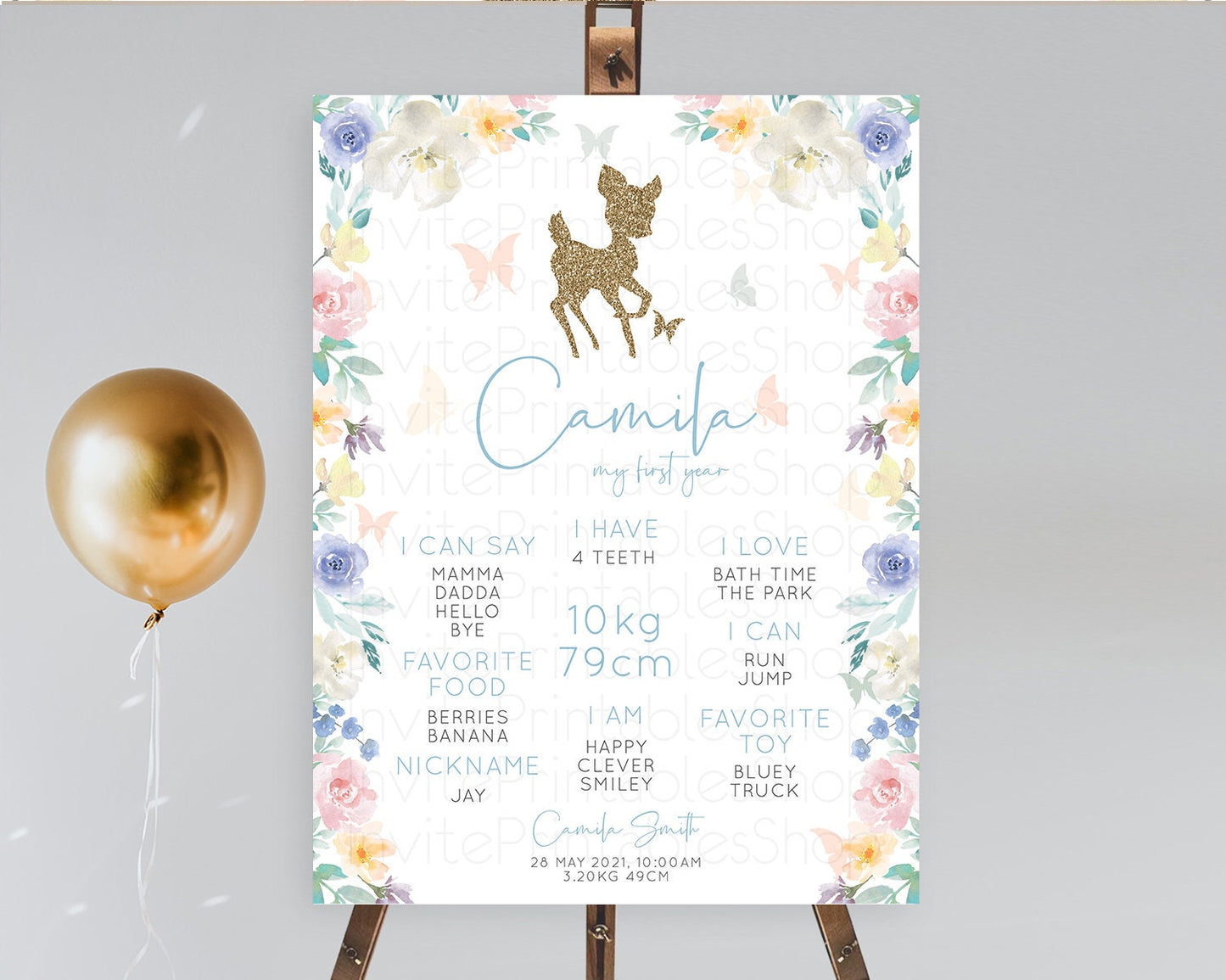Fawn First Birthday Milestone Board Deer First Birthday Milestone Poster Enchanted Forest Butterfly Pastel Flowers 1st Birthday Sign D10878