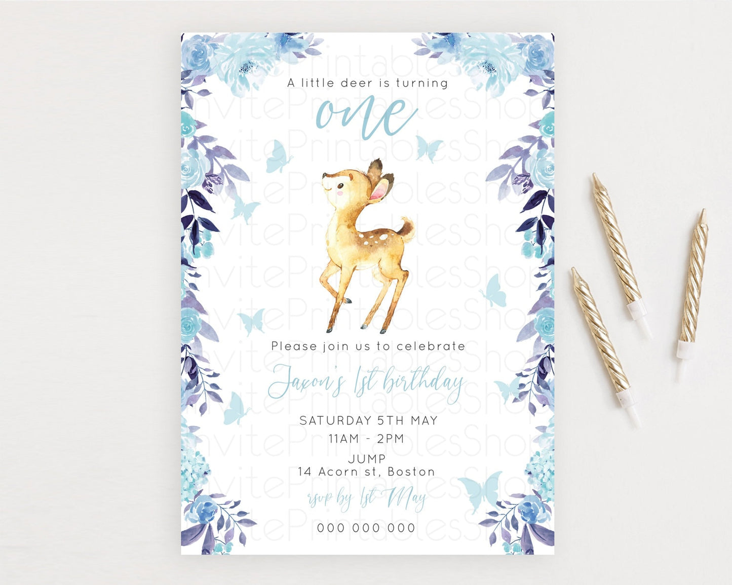 Fawn Birthday Invitation Deer Birthday Invitation Enchanted Forest Party Butterfly Pastel Flowers Whimsical 2nd 1st First Birthday D10917