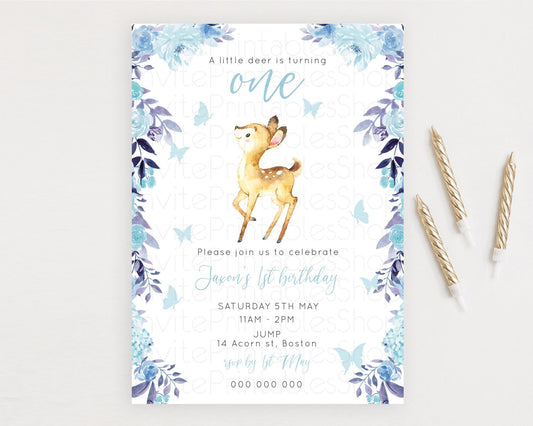 Fawn Birthday Invitation Deer Birthday Invitation Enchanted Forest Party Butterfly Pastel Flowers Whimsical 2nd 1st First Birthday D10917