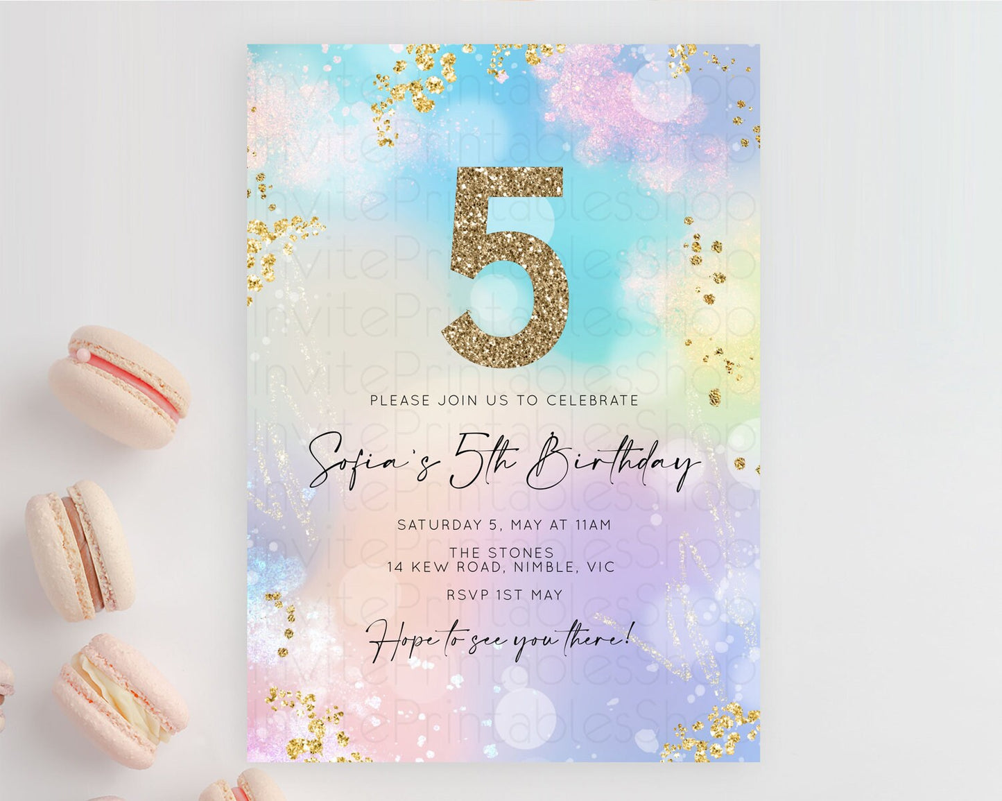 Rainbow Birthday Invitation Colorful Pastel Watercolor Invitation Gold Glitter Sprinkles Ombre Pastel 1st 2nd 3rd Birthday D10675