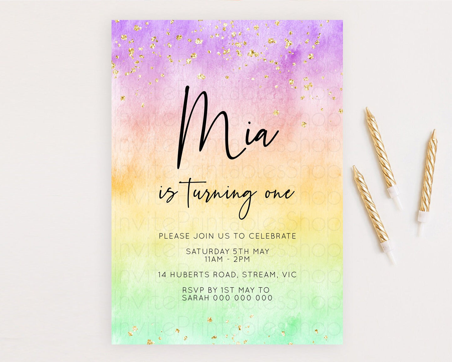 Rainbow Birthday Invitation Colorful Pastel Watercolor Invitation Gold Glitter Sprinkles Ombre Pastel 1st 2nd 3rd Birthday D10514