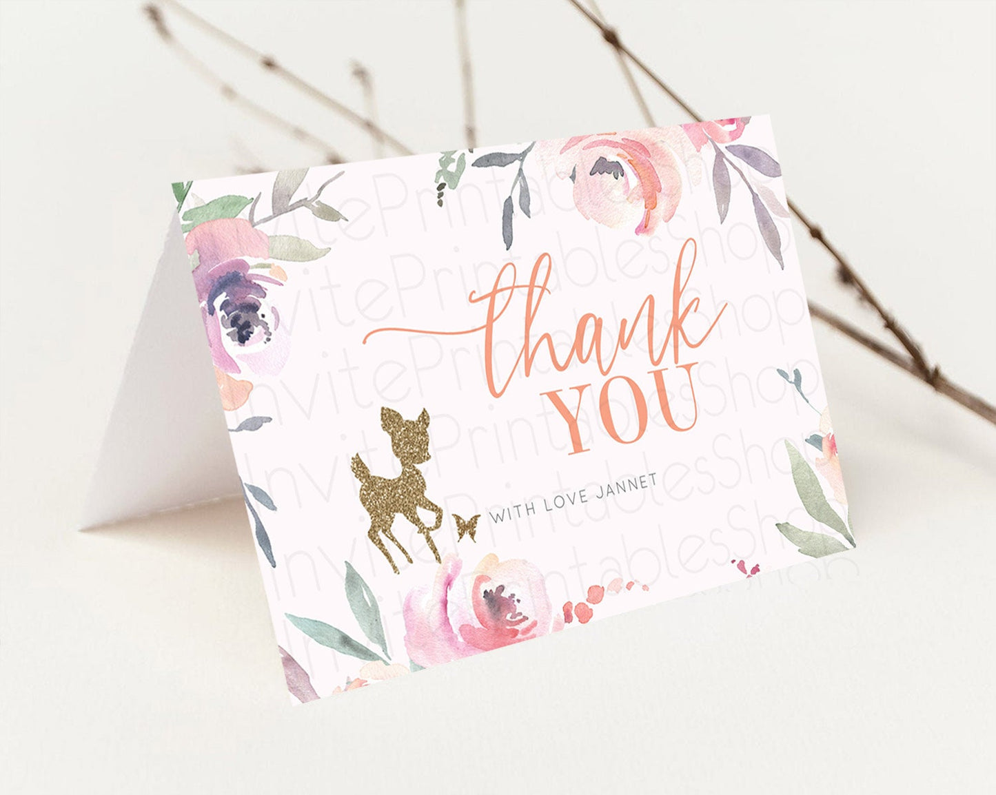 Fawn Thank You Deer Thank You Card Pastel Floral Deer Birthday Thank You Card Enchanted Forest Butterfly Deer Teacher Thank You Card D10196