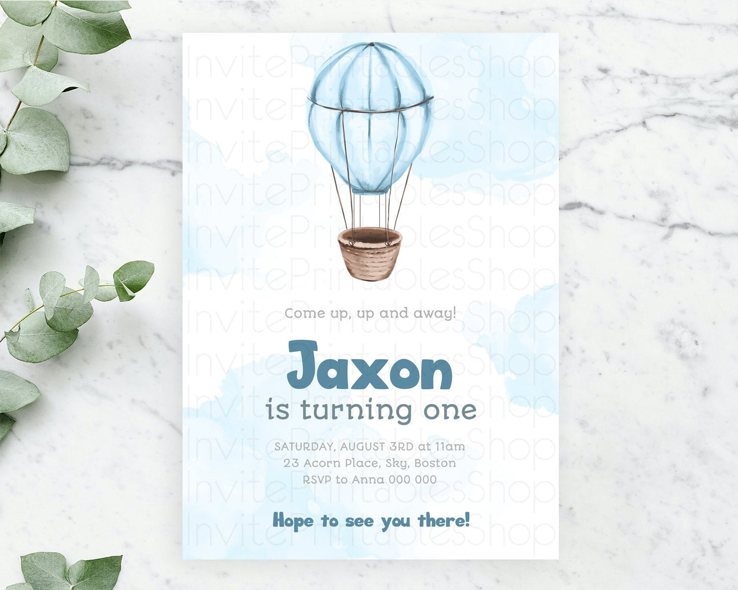 Hot Air Balloon Birthday Invitation Hot Air Balloon Invites Adventure Awaits Up Up & Away Glitter Blue Watercolor 1st Birthday Boy D10321