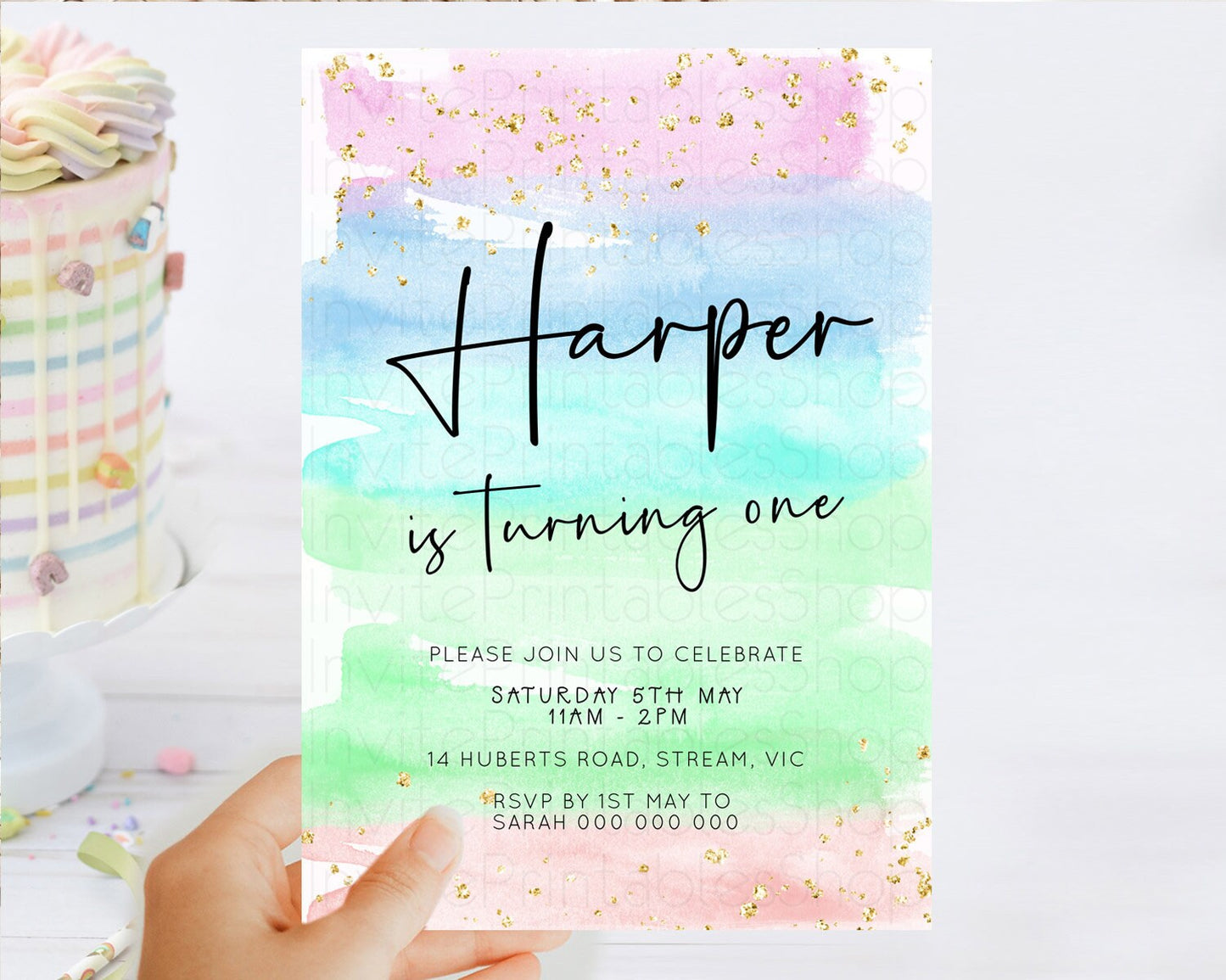 Pastel Birthday Invitation Ombre Watercolor Birthday Invitation Glitter Rainbow Color Splash 1st 2nd 3rd Birthday Invitation D23042