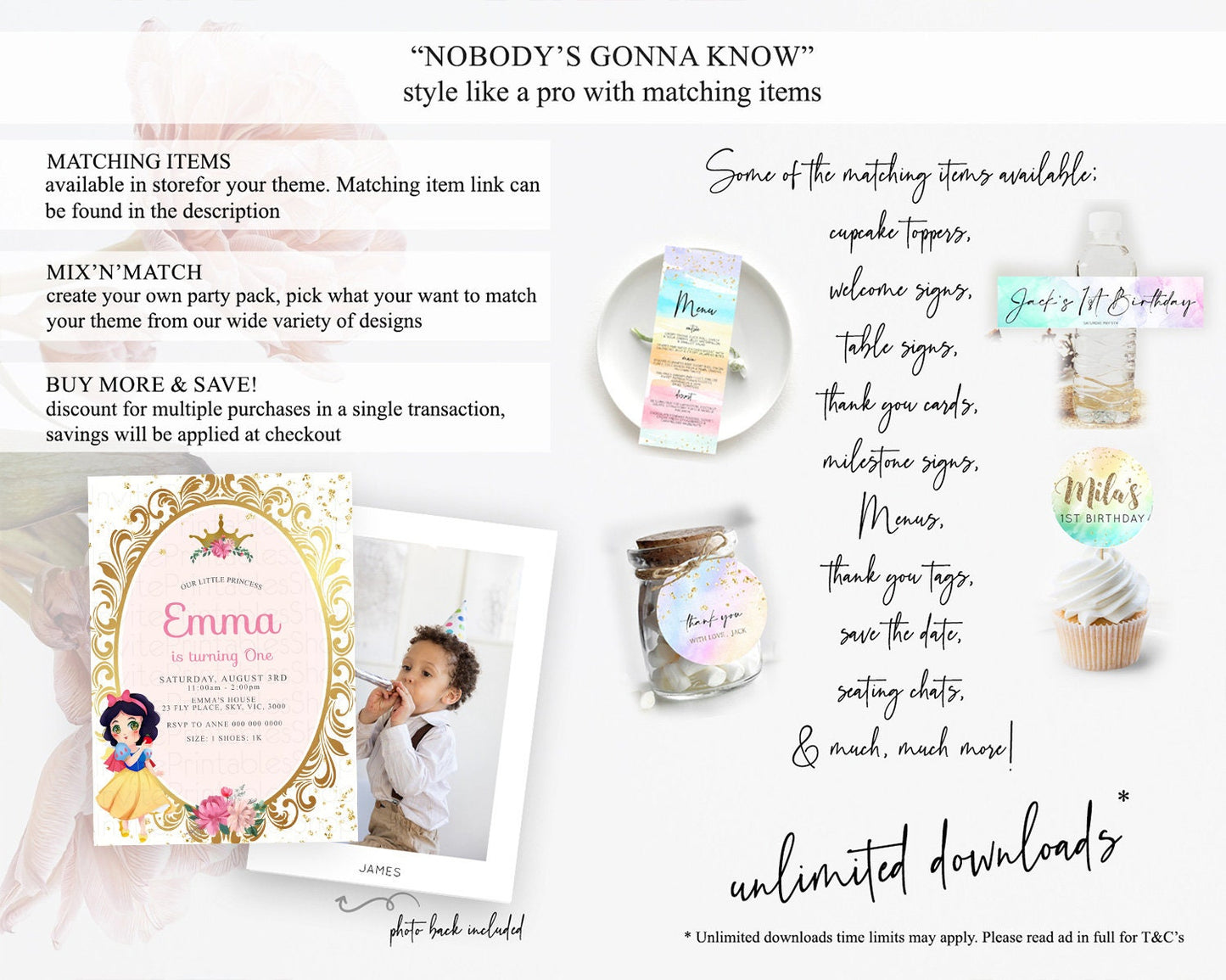 Princess Birthday Invitation Castle Invitation Royal Birthday Fairy Tale Enchanted Mirror Pastel Floral Garden 1st First Birthday D10127