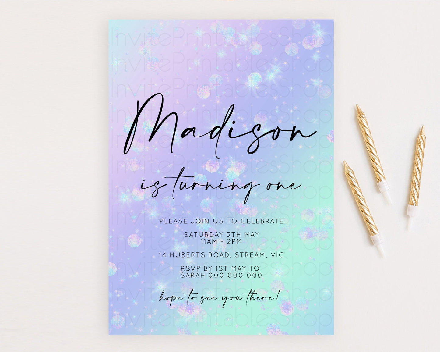 Rainbow Birthday Invitation Colorful Pastel Watercolor Iridescent Glitter Sprinkles Ombre Pastel Invitation 1st 2nd First Birthday D10663