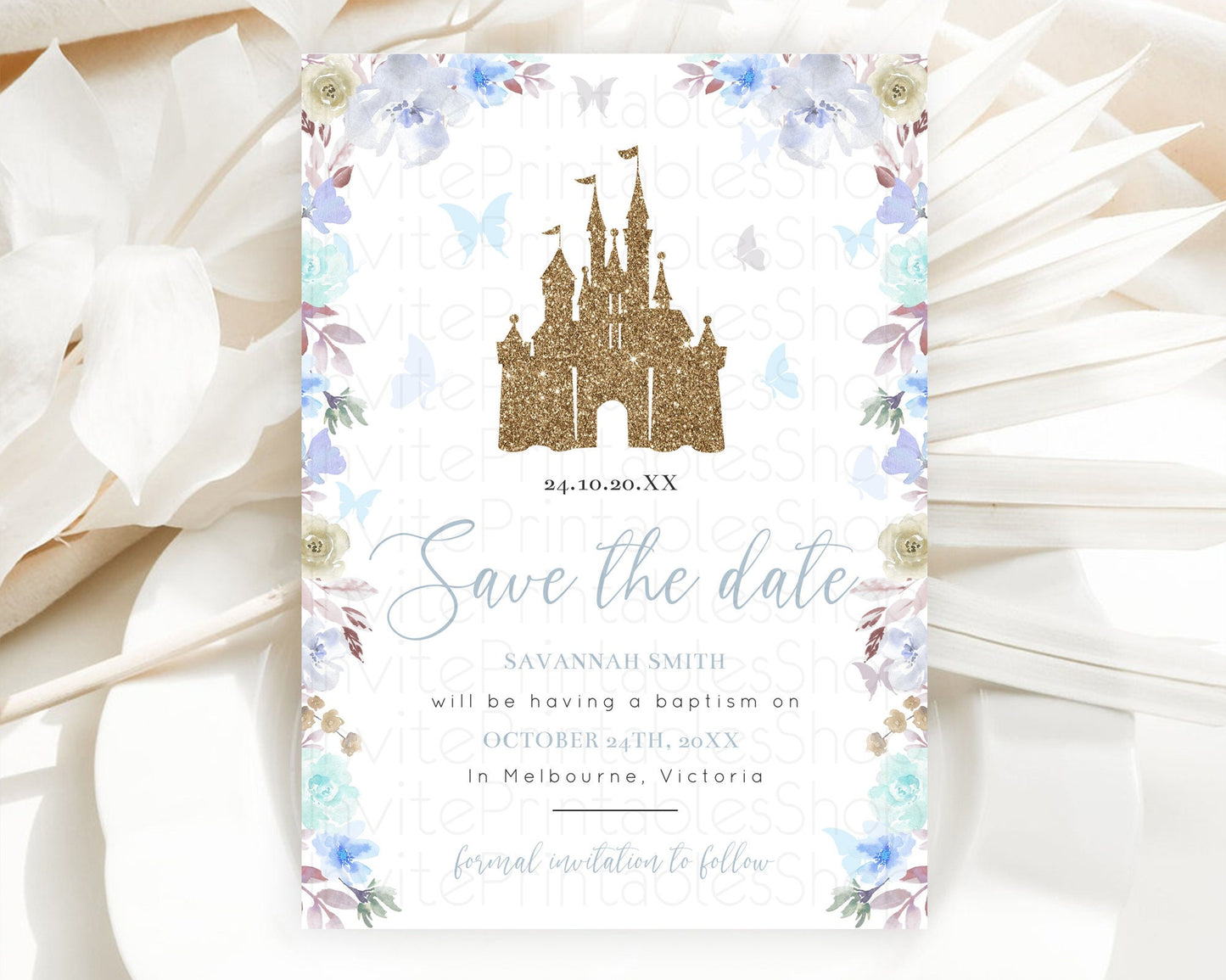 Princess Save The Date Template Secret Garden Enchanted Castle Pastel Floral Royal Party For 1st Birthday Baptism Baby Shower D10932