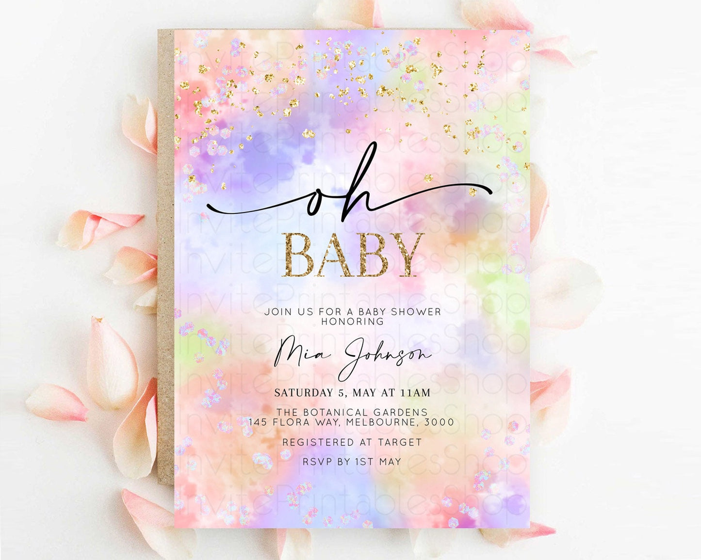 Pastel Baby Shower Invitation Rainbow Baby Shower Invitation Colorful Pastel Watercolor Invitation Gold Glitter Sprinkles Ombre D10610