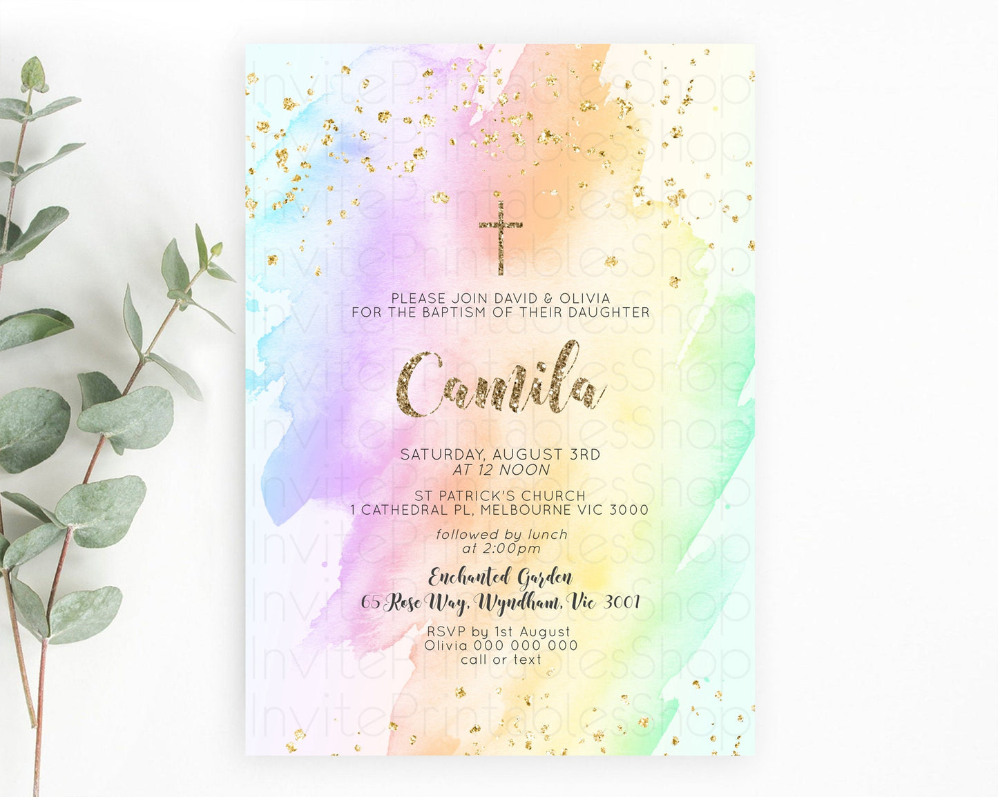 Pastel Baptism Invitation Pastel Colors Watercolor Baptism 1st Birthday Party Gold Ombre Pastel Rainbow Christening Holy Communion D10643