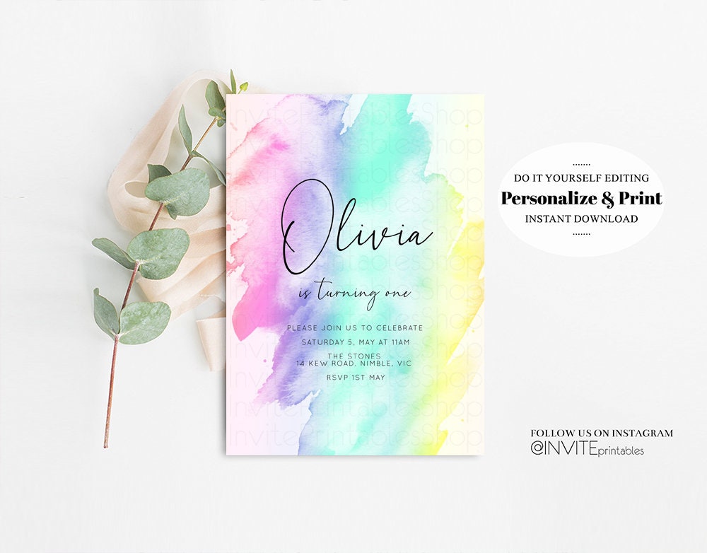 Rainbow Birthday Invitation Ombre Pastel Invite Colorful Watercolor Splash Invite Gold Glitter Sprinkles 1st 2nd 3rd Birthday Invite C210