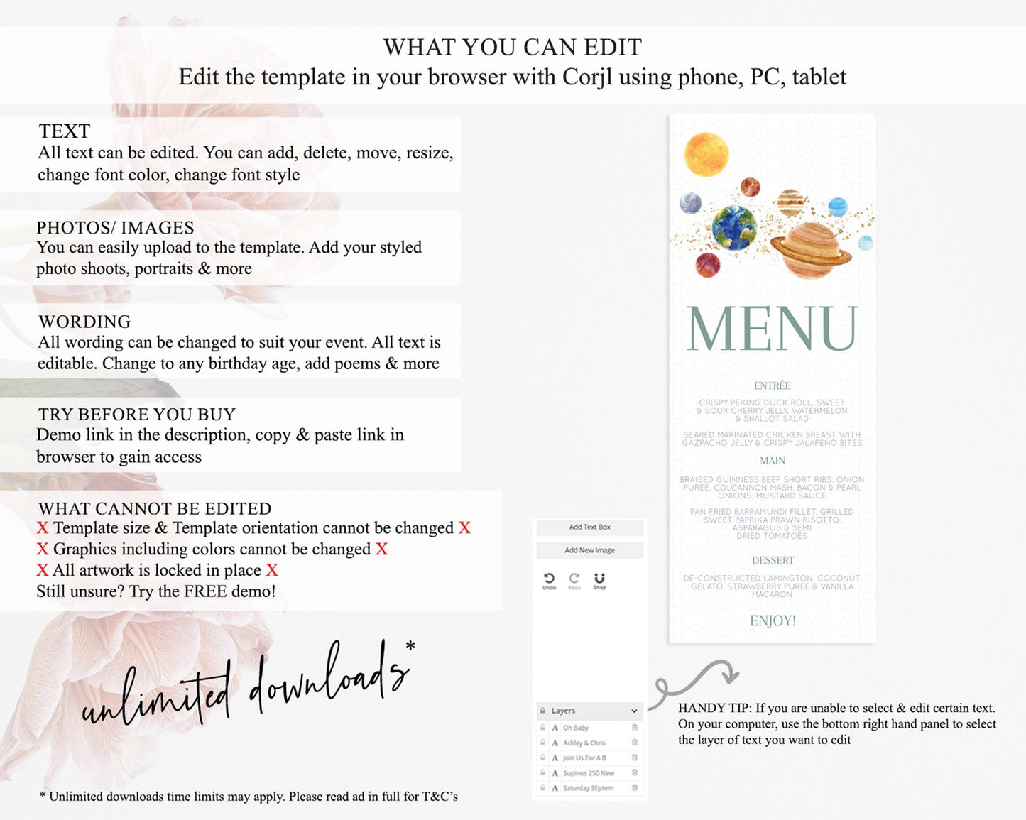 Space Menu Space Menu Template First Trip Around the Sun Table Decor Planets Solar System ONE year Food Menu Dinner Dessert Menu D10598