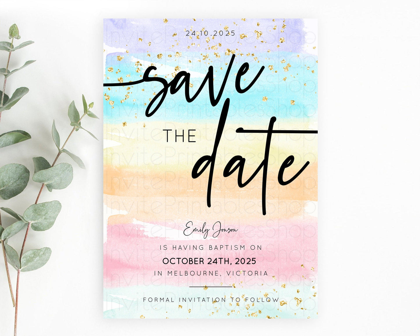 Pastel Save The Date Template Pastel Ombre Rainbow Watercolor Colorful Party For Birthday Baptism Baby Shower Wedding Bridal Shower D10505