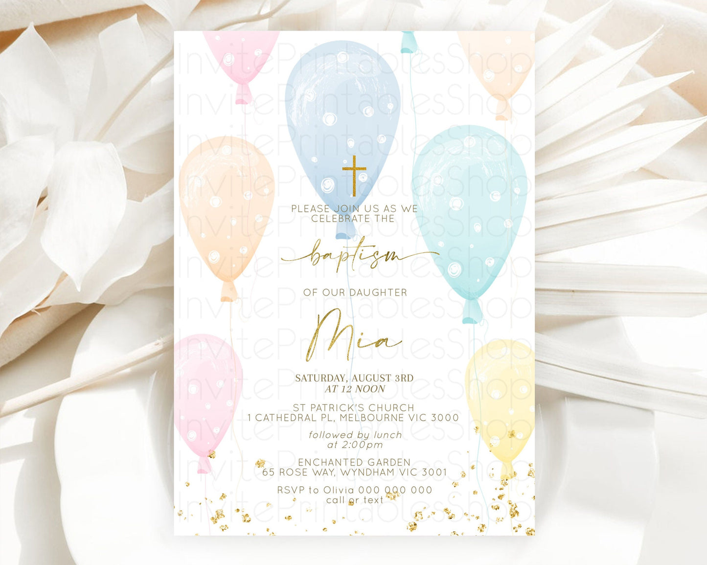 Balloon Baptism Invitation Pastel Baptism 1st Birthday Invitation Pastel Balloon Christening Invite Colorful Rainbow Balloon Invites D10182