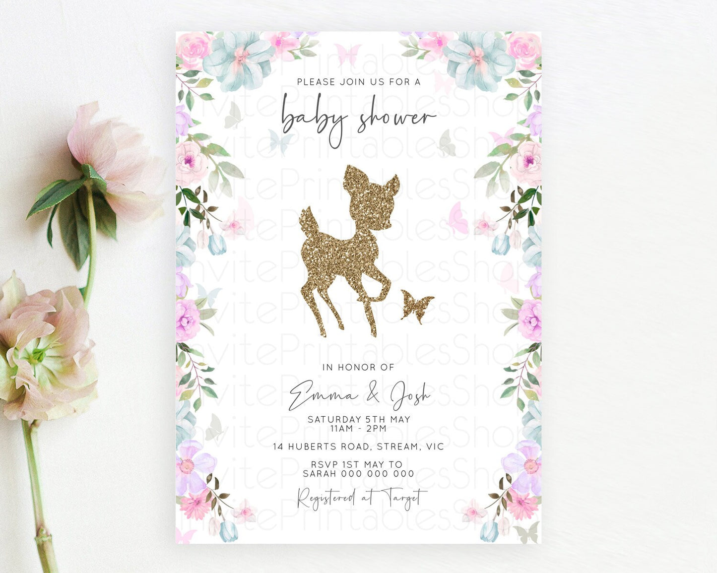 Fawn Baby Shower Invitation Deer Baby Shower Invites Enchanted Forest Theme Butterfly Pastel Flowers Whimsical Baby Shower D10476