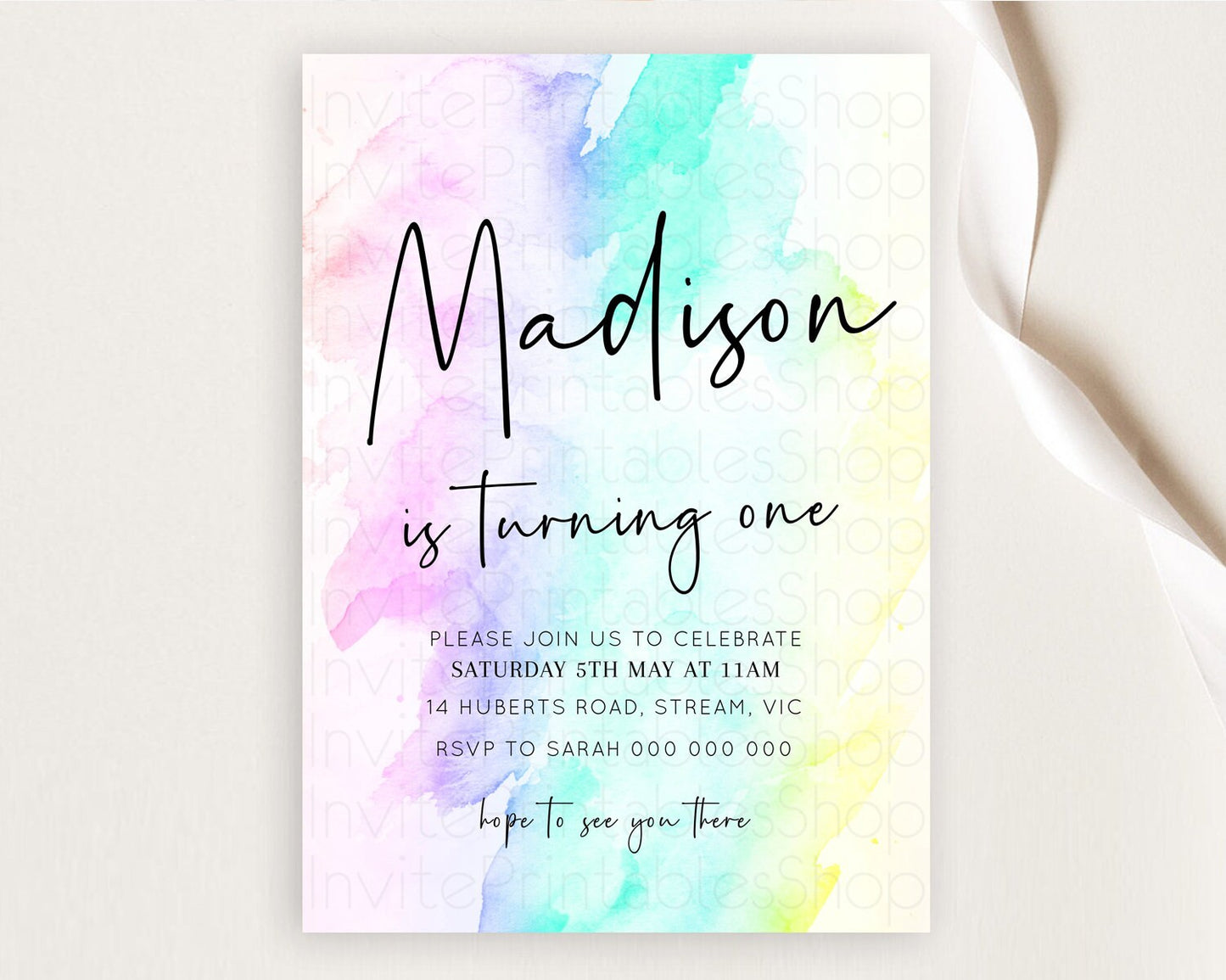 Rainbow Birthday Invitation Colorful Pastel Watercolor Invitation Gold Glitter Sprinkles Ombre Pastel 1st 2nd 3rd Birthday D10231