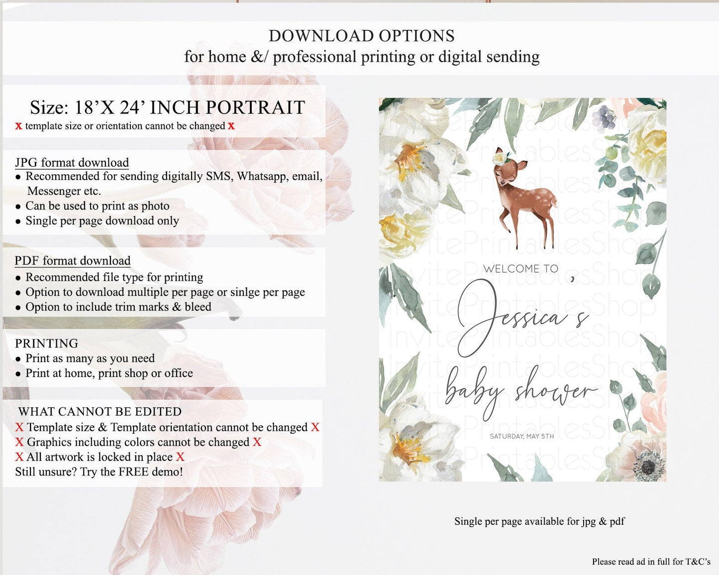 Fawn Baby Shower Welcome Sign Deer Welcome Board Floral Deer Welcome Poster Enchanted Forest Butterfly Pastel Floral Welcome Sign D11030
