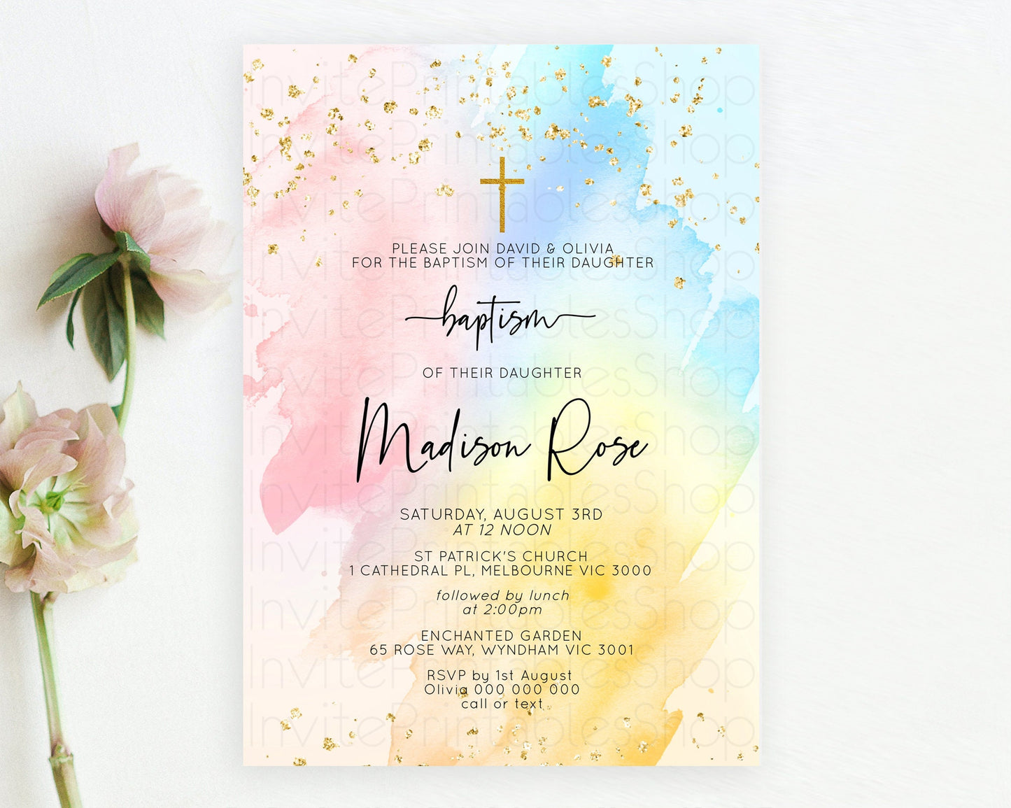 Pastel Baptism Invitation Pastel Colors Watercolor Baptism 1st Birthday Party Gold Ombre Pastel Rainbow Christening Holy Communion D10557