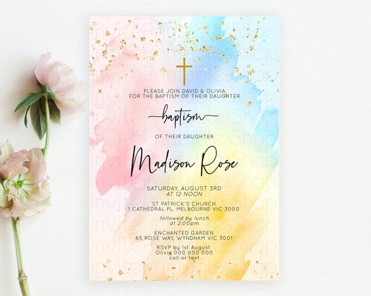 Pastel Baptism Invitation Pastel Colors Watercolor Baptism 1st Birthday Party Gold Ombre Pastel Rainbow Christening Holy Communion D10557