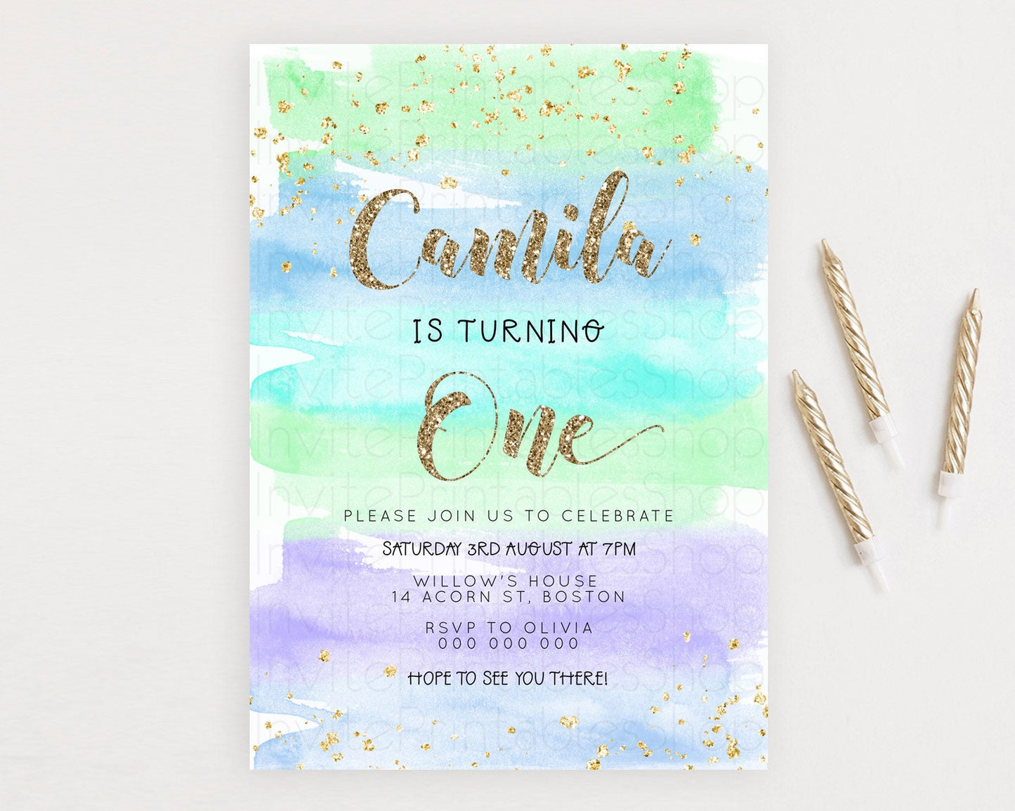 Rainbow Birthday Invitation Colorful Pastel Watercolor Invitation Gold Glitter Sprinkles Ombre Pastel 1st 2nd 3rd Birthday D23274