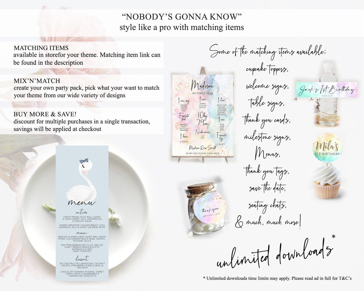 Swan Menu Swan Princess Ballet Menu Template Enchanted Swan Lake Table Decor Secret Garden Pastel Floral Dinner Dessert Food Menu D10760