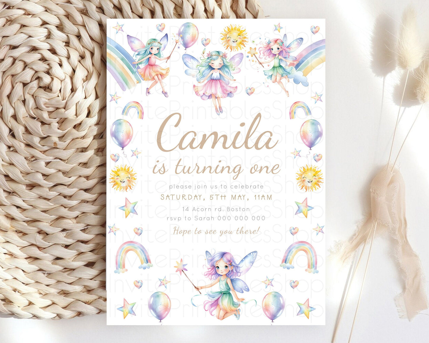 Rainbow Fairy Birthday Invitation Pastel Birthday Invitation Magical Pastel Fairy Party Theme Pastel Stars Heart Sun 1st 2nd Birthday D23373