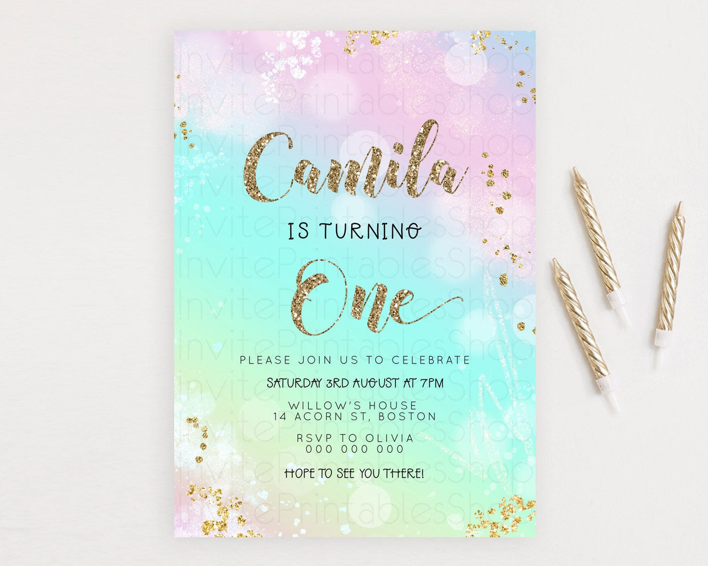 Rainbow Birthday Invitation Colorful Pastel Watercolor Invitation Gold Glitter Sprinkles Ombre Pastel 1st 2nd 3rd Birthday D23115