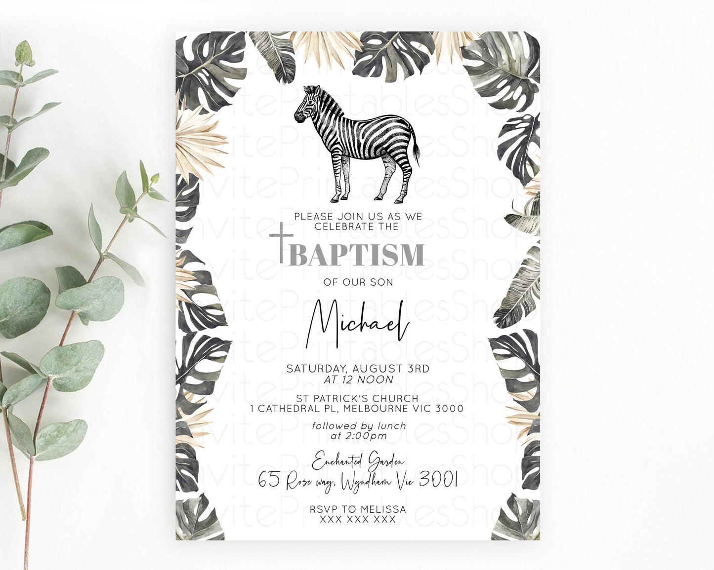 Zebra Baptism Invitation Zebra Baptism 1st Birthday Invitation Jungle Safari Christening Invite Watercolor Tropical Zoo Adventure D10824