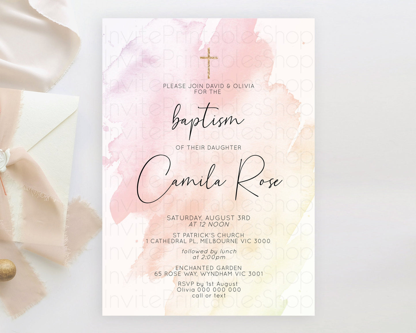 Pink Baptism Invitation Pink Watercolor Baptism 1st Birthday Invitation Pastel Pink Watercolor Christening Invite Pink Splash D10164