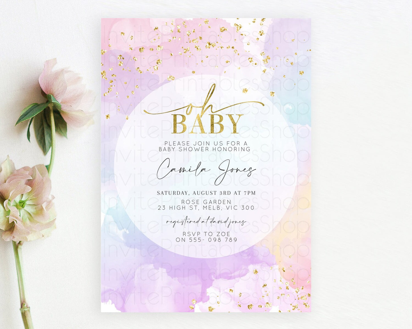 Pastel Baby Shower Invitation Rainbow Baby Shower Invitation Colorful Pastel Watercolor Invitation Gold Glitter Sprinkles Ombre D10623