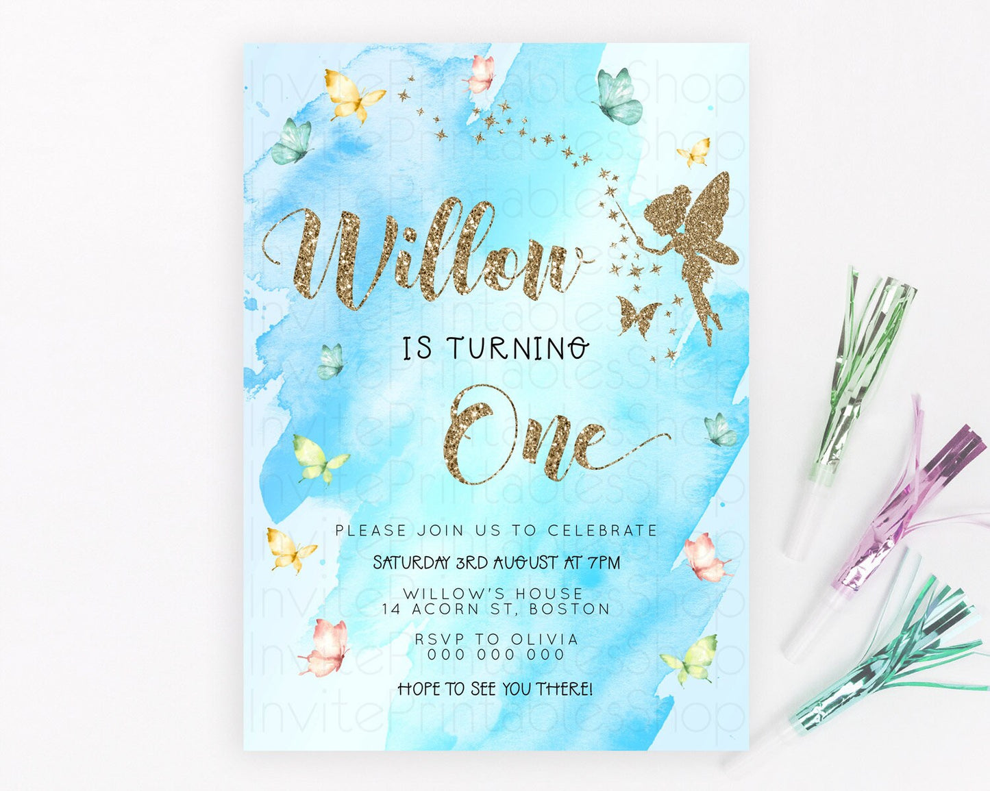 Pastel Fairy Birthday Invitation Pastel Butterflies Fairy Birthday Invitation Rainbow Ombre Watercolor 1st 2nd Birthday Invitation D23354