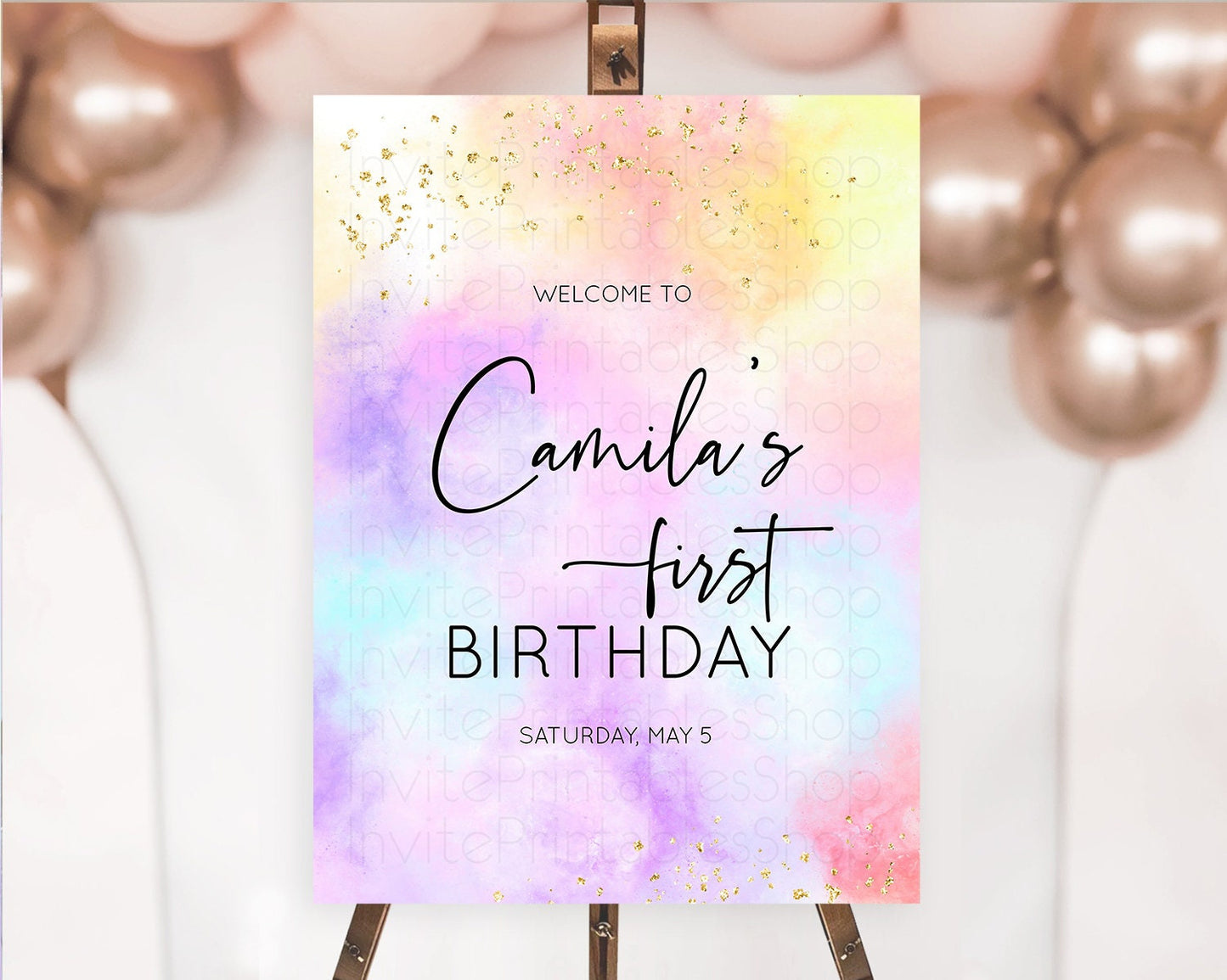 Pastel Welcome Sign Pastel Rainbow Welcome Sign Colorful Rainbow Confetti Watercolor Glitter Pastel First Birthday Welcome Sign D10437