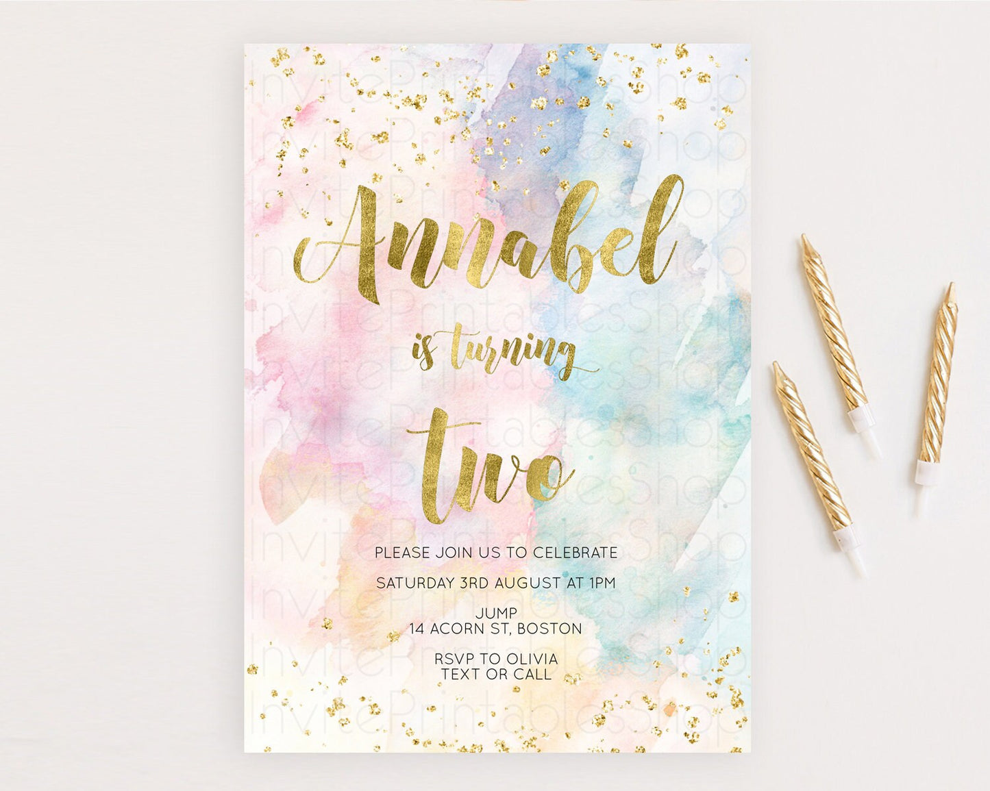 Rainbow Birthday Invitation Colorful Pastel Watercolor Invitation Gold Glitter Sprinkles Ombre Pastel 1st 2nd 3rd Birthday D10265